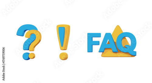 Vibrant 3D rendered icons representing frequently asked questions (FAQ), question marks, and exclamation points, symbolizing inquiry, information, and solutions, set against a stark black background
