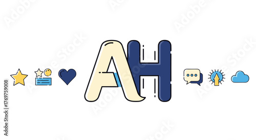 Vibrant and playful cartoon-style letters 'AH' with a collection of social media icons including a star, a medal, a heart, a chat bubble, an upload arrow, and a cloud, set against a stark black