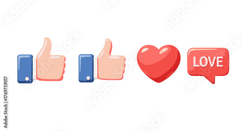 Three dimensional social media icons: two thumbs up symbols and a red heart with a speech bubble containing the word "LOVE", isolated on a black background, representing approval, affection, and