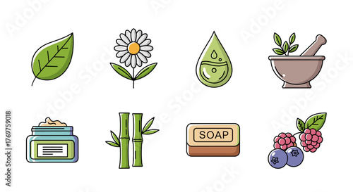 Set of eight flat design icons representing natural ingredients and products for skincare and wellness, including a green leaf, chamomile flower, essential oil drop, mortar and pestle with herbs