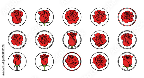A collection of fifteen stylized red rose icons, each enclosed in a circular frame, showcasing diverse petal arrangements and blooming stages, perfect for romantic themes, floral designs, and elegant