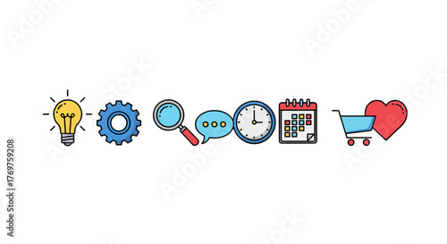 Set of flat design icons representing business concepts: a bright idea lightbulb, a blue gear for process, a magnifying glass for search, a speech bubble for communication, a clock for time