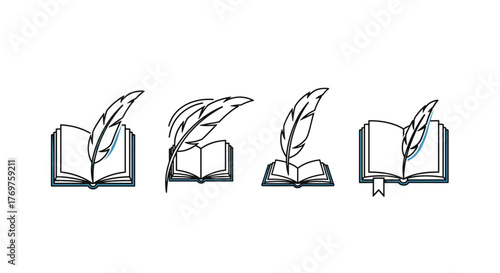 Set of four stylized icons featuring an open book with a quill pen inserted, rendered in a minimalist outline style with glowing blue and orange accents, representing literature, writing, knowledge