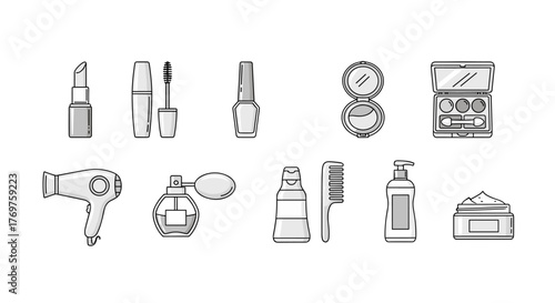 A collection of flat design icons representing various beauty and personal care products, including lipstick, mascara, nail polish, powder compact, eyeshadow palette, hairdryer, perfume bottle
