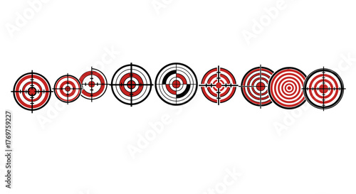 A striking collection of diverse red and black circular targets, presented in a horizontal line against a stark black background, showcasing a variety of sizes and concentric ring patterns, evoking