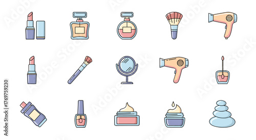 A collection of flat design icons representing beauty and personal care products, including lipsticks, perfumes, makeup brushes, hairdryers, mirrors, nail polish, creams, and stacked stones, perfect
