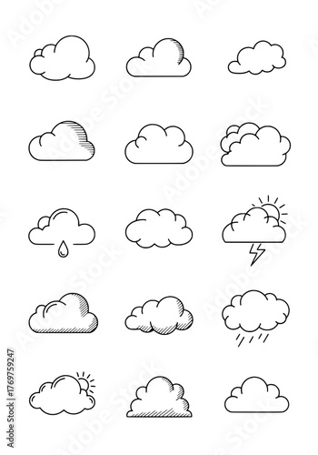 Collection of cloud illustrations weather symbols, sky elements for design