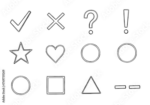 Assorted Simple Symbols Check, Cross, Question, Exclamation, Star, Heart & More