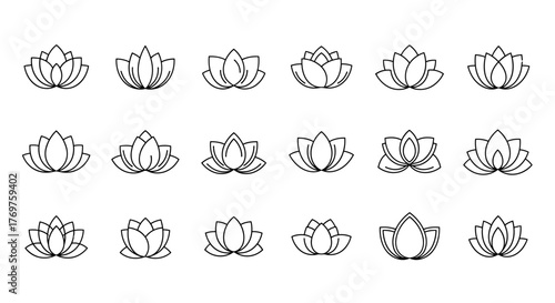Collection of 18 stylized lotus flower outlines in white on a black background, representing purity, enlightenment, and rebirth, perfect for yoga, meditation, spa, and wellness branding, spiritual