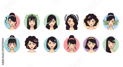 Collection of diverse female avatars with various hairstyles and accessories, presented in circular frames with pastel backgrounds, symbolizing beauty, individuality, and modern aesthetics for