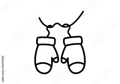 Simple line drawing of mittens hanging by string, winter apparel concept