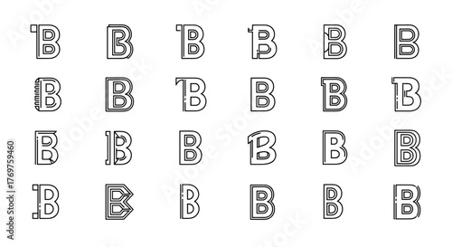 A collection of twenty-four unique and stylized letter B graphics, presented in a grid format against a stark black background, showcasing diverse typographic designs and artistic interpretations of