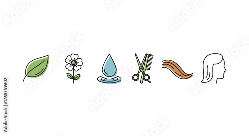 A collection of simple, clean, and modern flat icons representing natural elements and beauty services, including a green leaf, a delicate flower, a refreshing water droplet, scissors and a comb, a