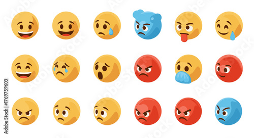 Collection of 3D rendered emoji icons showcasing a diverse range of emotions including happiness, sadness, anger, surprise, and sickness, presented on a black background for clear visibility and