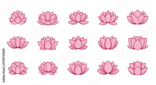 A collection of fifteen stylized pink lotus flower icons, presented in a grid layout against a stark black background, showcasing variations in petal arrangement and bloom fullness, perfect for
