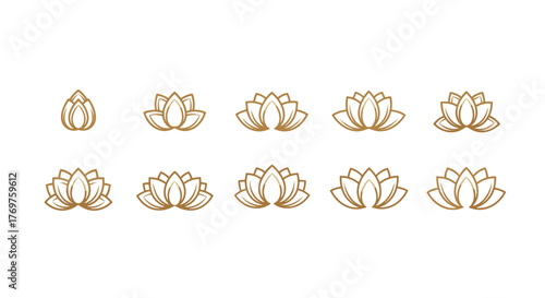Golden lotus flower icons set, elegant and minimalist design, symbolizing purity, enlightenment, and rebirth, perfect for yoga, meditation, spa, wellness, and spiritual branding, isolated on black