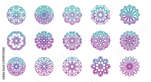 Collection of 15 intricate circular mandala designs with a vibrant gradient of turquoise, blue, and purple, set against a stark black background, showcasing detailed floral and geometric patterns for