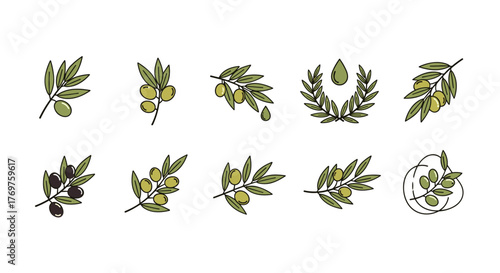 Collection of stylized olive branch icons and elements, featuring green and black olives, leaves, and a laurel wreath with a drop of oil, perfect for food, health, and Mediterranean themes, isolated