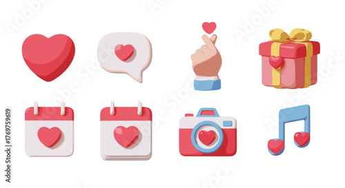 Collection of 3D cartoon icons representing love and romance, including a heart, speech bubble with heart, finger heart gesture, gift box, calendar with heart, camera with heart, and musical notes