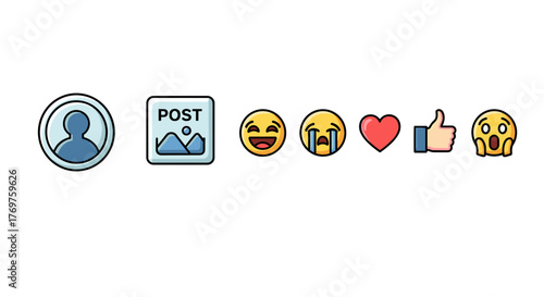 Social media post icons with reactions: user profile, photo post, laughing emoji, crying emoji, heart, thumbs up, and shocked emoji, isolated on a black background, representing online engagement and
