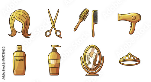Golden icons set for beauty salon and hairdressing, including a blonde wig, scissors, hairbrushes, hairdryer, shampoo bottle, conditioner dispenser, mirror with reflection, and a tiara, symbolizing