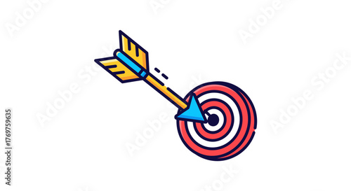 A vibrant and stylized illustration of a yellow arrow with blue fletching striking the bullseye of a red and blue target, symbolizing achievement, accuracy, and success in a business or personal