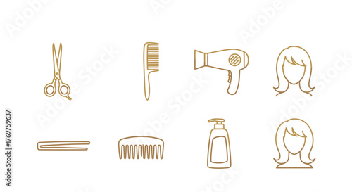 Golden outline icons of hairdressing tools and hair styling elements, including scissors, combs, a hairdryer, hair clips, and stylized female hairstyles, set against a black background, symbolizing