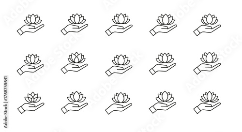 A delicate white line art icon of a lotus flower held gently in an open palm, symbolizing peace, purity, and spiritual growth, presented in a repeating pattern on a stark black background, perfect