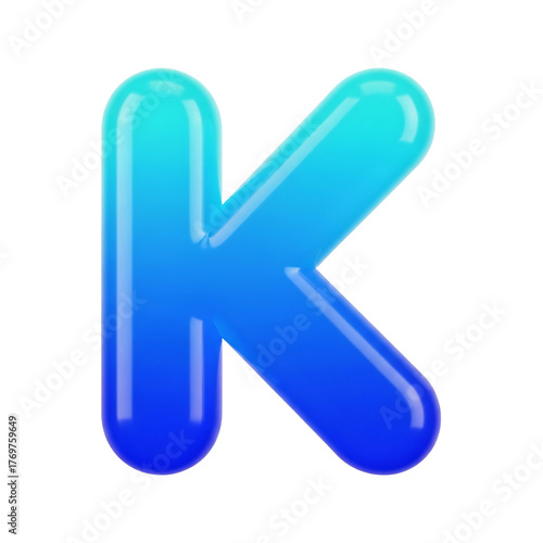 Vibrant 3D glossy blue and cyan gradient letter K, rendered in a rounded bubble font style, isolated on a stark transparent background. Modern typography element for design projects.
