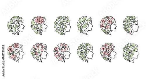 Collection of twelve stylized profile silhouettes of women, their hair intricately formed by delicate green leaves and soft pink flowers, symbolizing nature, beauty, and growth, presented on a black