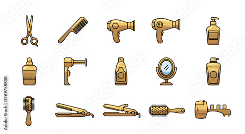 Golden collection of professional hairdressing tools and accessories, including scissors, combs, hair dryers, styling brushes, flat irons, mirrors, and bottles of hair care products, presented on a