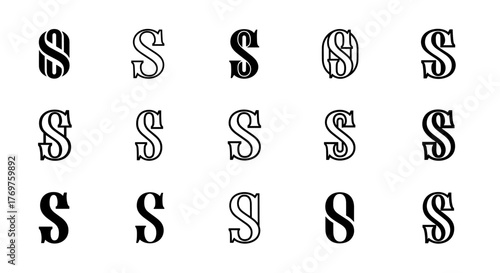 Collection of stylized letter S designs, featuring a vintage, ornate, and decorative aesthetic with a classic serif font and a subtle distressed texture, perfect for branding, logos, and graphic