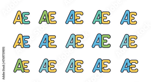 A collection of stylized 'AE' ligature letters, presented in a repeating pattern with vibrant and contrasting color combinations including yellow, blue, and green, set against a stark black