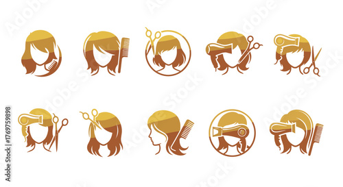 Golden Hair Salon Icons Set: A Collection of Elegant and Modern Symbols Representing Hairdressing Services, Including Scissors, Combs, and Hair Dryers, Perfect for Beauty Branding and Advertising.