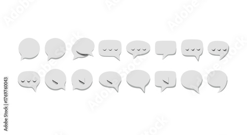 Collection of 3D white speech bubble icons and symbols, including standard chat bubbles, ellipses for typing indicators, and play buttons, isolated on a black background, representing communication