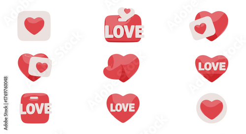 Collection of 3D rendered red hearts and "LOVE" text icons, symbolizing affection, romance, and Valentine's Day, perfect for digital design, social media, and romantic themes.