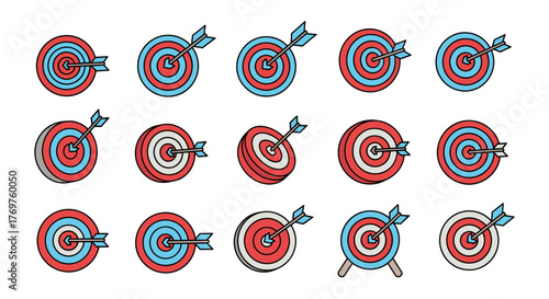 Collection of fifteen diverse dartboard icons with arrows, showcasing various perspectives and styles, including flat designs, 3D renderings, and angled views, perfect for representing goals
