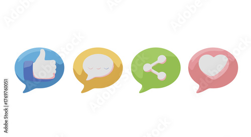 A vibrant collection of four 3D social media icons, each enclosed in a colorful speech bubble: a blue thumb up for likes, a yellow chat bubble for comments, a green share icon, and a pink heart for