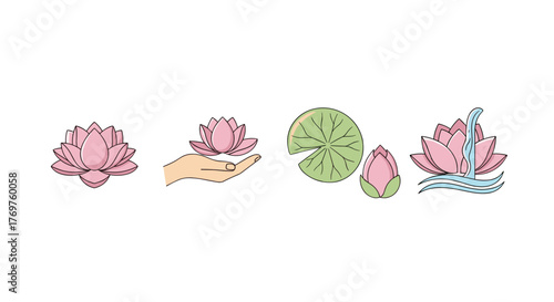 Collection of stylized lotus flowers and buds in various stages of bloom and in water, symbolizing purity, enlightenment, and rebirth. Includes a lotus held in a hand, a floating leaf, and a flower