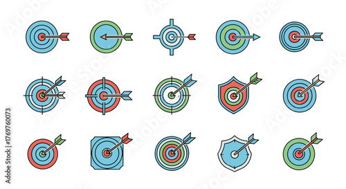 Collection of stylized target icons with arrows hitting the bullseye, representing goals, success, and accuracy in a vibrant, modern flat design with a limited color palette of blue, green, and red