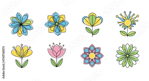 Collection of eight stylized, colorful flowers with clean lines and a modern, minimalist aesthetic, featuring a variety of petal shapes and color palettes including blue, yellow, pink, and green, set