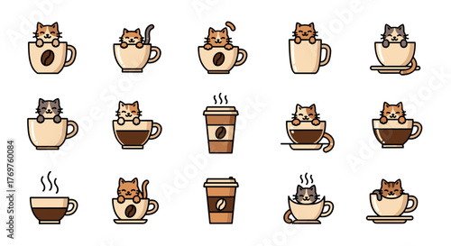 Adorable kawaii cats peeking out of coffee cups and to-go cups, featuring cute expressions and various coffee bean designs, perfect for cafe branding and whimsical designs.