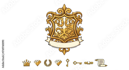 Elegant golden heraldic shield with ornate swirls and flourishes, accompanied by a blank banner for text, and a collection of decorative elements including a crown, diamonds, a laurel wreath, keys