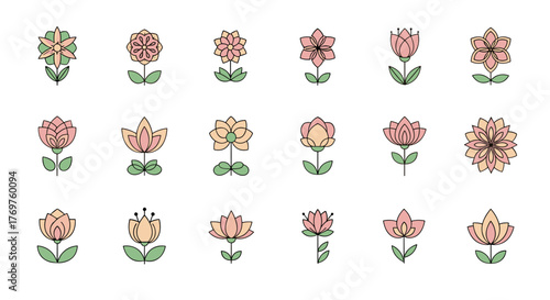 A collection of 15 stylized, minimalist flower icons in pastel pink, peach, and green hues, set against a black background. Each unique floral design features clean lines and a simple, modern
