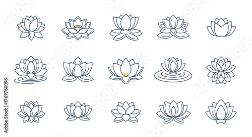 Collection of stylized lotus flower icons with clean lines and a minimalist aesthetic, perfect for representing concepts of purity, spirituality, and tranquility in various design projects. Each icon