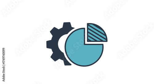 Abstract representation of a pie chart segment combined with a gear cog, symbolizing data analysis, business strategy, industrial processes, and mechanical engineering, rendered in a modern, flat