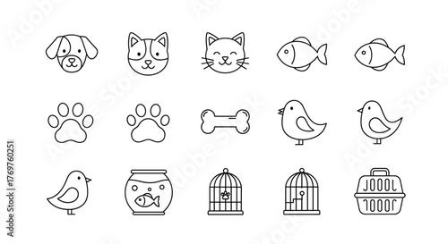 A charming collection of simple line art icons representing various pets and pet care items, including dogs, cats, fish, birds, paw prints, bones, fishbowls, birdcages, and pet carriers, all rendered