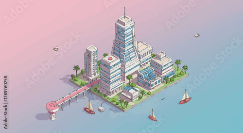 Isometric Cityscape Illustration with Modern Buildings, Boats, and Pastel Sky