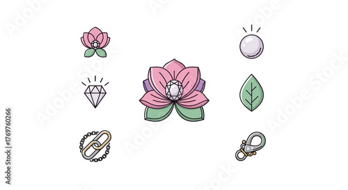 A collection of delicate and elegant icons featuring a blooming lotus flower with a diamond center, a sparkling diamond gem, a lustrous pearl, a fresh green leaf, a sturdy chain link, and a secure