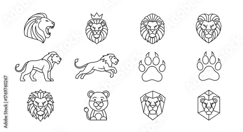 Collection of stylized lion illustrations and icons, featuring roaring heads, full body poses, paw prints, and geometric abstract designs, all rendered in a clean white outline on a black background